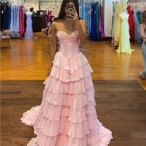 Strapless Pink Tiered Ruffle Prom Dress